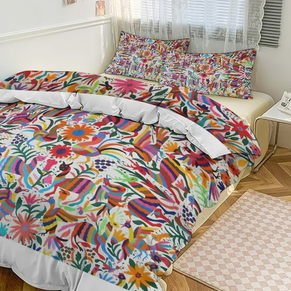 3 Pcs Soft Bedding Set, Includes 1 Duvet Cover with Zipper And 2 Pillow Shams,Otomi Fabric Mexico Art Twin(86"x70")