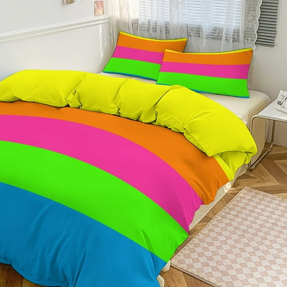 3 Pcs Soft Bedding Set, Includes 1 Duvet Cover with Zipper And 2 Pillow Shams,PLAIN SOLID NEON FLUORESCENT RAINBOW STRIPES 5 COLORS Twin(86"x70")