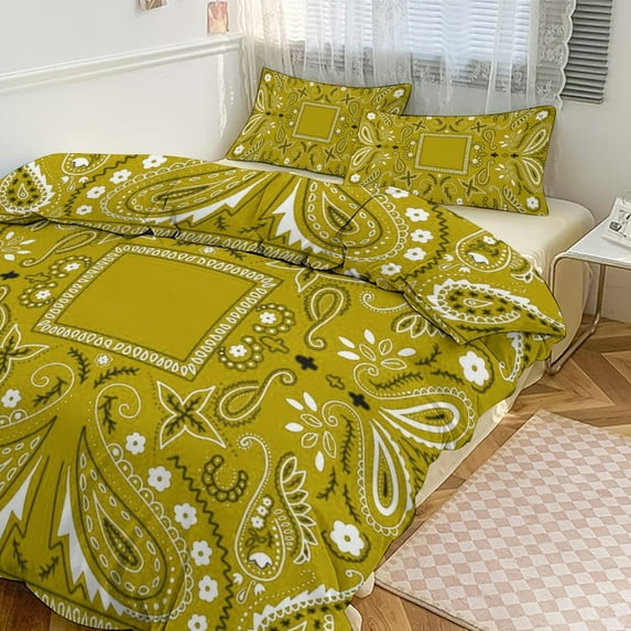 3 Pcs Soft Bedding Set, Includes 1 Duvet Cover with Zipper And 2 Pillow Shams,Paisley Bandana Pattern Yellow Queen(90"×90")