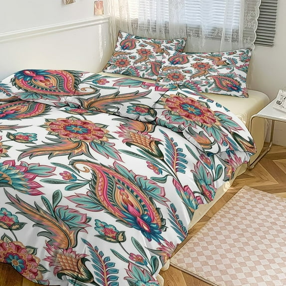 3 Pcs Soft Bedding Set, Includes 1 Duvet Cover with Zipper And 2 Pillow Shams,Paisley Pattern Flower Retro Twin(86"x70")