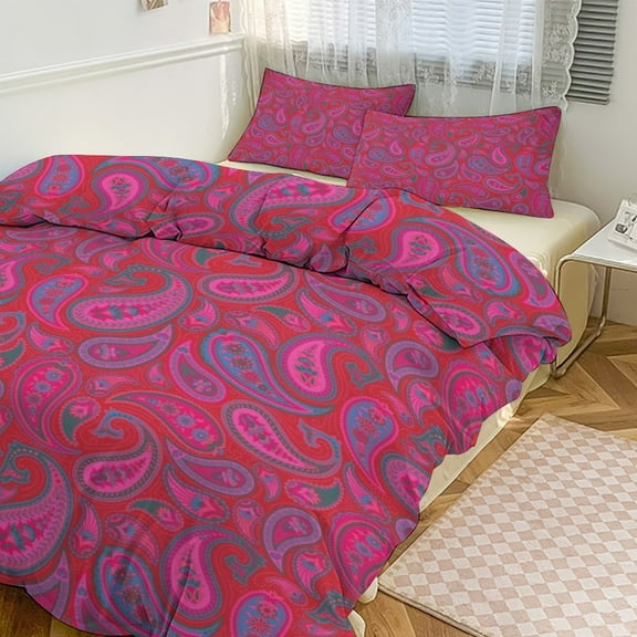 3 Pcs Soft Bedding Set, Includes 1 Duvet Cover with Zipper And 2 Pillow Shams,Paisley Print Radish Red Paisley Colors Twin(86"x70")