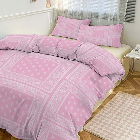 3 Pcs Soft Bedding Set, Includes 1 Duvet Cover with Zipper And 2 Pillow Shams,Pink Bandana Twin(86"x70")