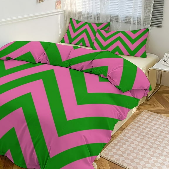 3 Pcs Soft Bedding Set, Includes 1 Duvet Cover with Zipper And 2 Pillow Shams,Pink Green Zig Zag Pattern Full(79"×90")