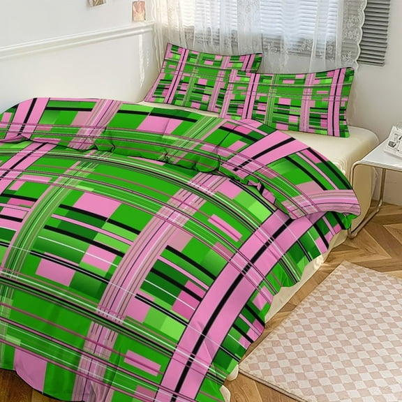 3 Pcs Soft Bedding Set, Includes 1 Duvet Cover with Zipper And 2 Pillow Shams,Plaid Pink & Green Twin(86"x70")