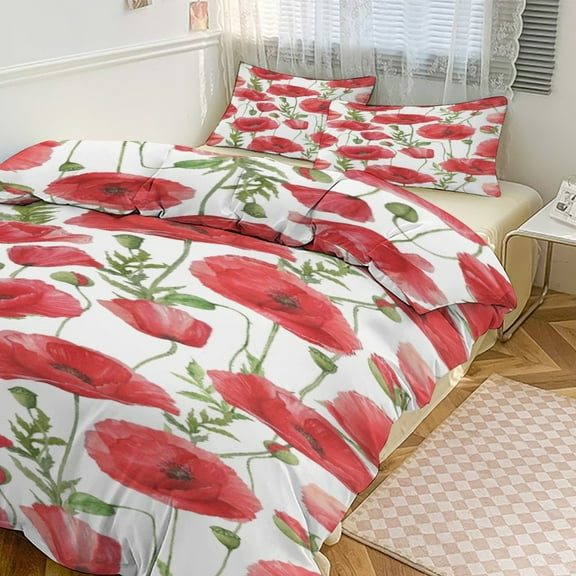 3 Pcs Soft Bedding Set, Includes 1 Duvet Cover with Zipper And 2 Pillow Shams,Poppy Flower Draw Twin(86"x70")