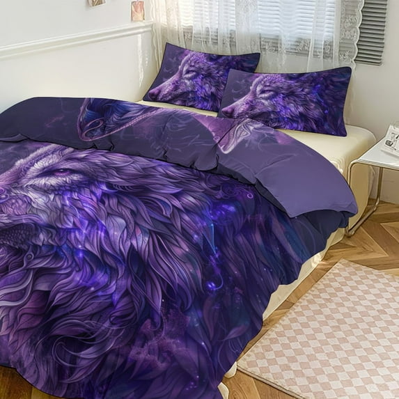 3 Pcs Soft Bedding Set, Includes 1 Duvet Cover with Zipper And 2 Pillow,Shams Purple Wolf King(102"×90")