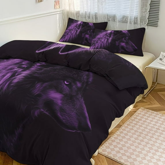 3 Pcs Soft Bedding Set, Includes 1 Duvet Cover with Zipper And 2 Pillow,Shams Purple Wolf Queen(90"×90")