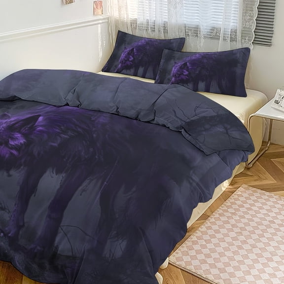 3 Pcs Soft Bedding Set, Includes 1 Duvet Cover with Zipper And 2 Pillow,Shams Purple Wolf Twin(86"x70")