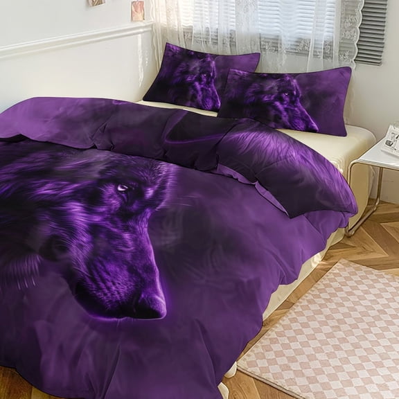 3 Pcs Soft Bedding Set, Includes 1 Duvet Cover with Zipper And 2 Pillow,Shams Purple Wolf Twin(86"x70")