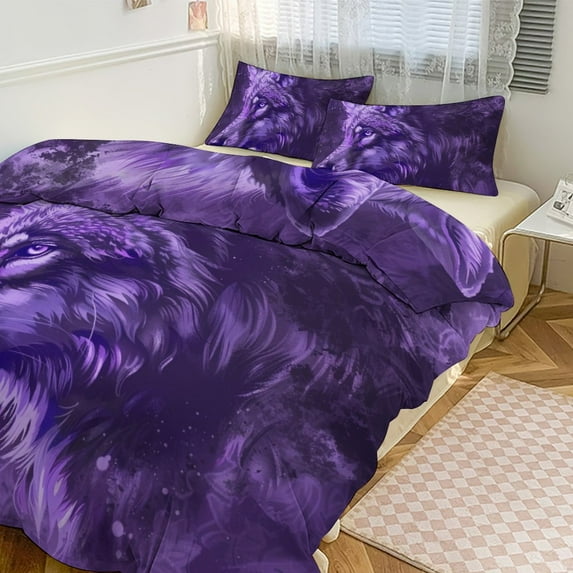 3 Pcs Soft Bedding Set, Includes 1 Duvet Cover with Zipper And 2 Pillow,Shams Purple Wolf Twin(86"x70")