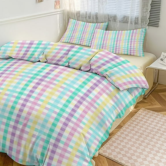 3 Pcs Soft Bedding Set, Includes 1 Duvet Cover with Zipper And 2 Pillow Shams,Rainbow Plaid Queen(90"×90")