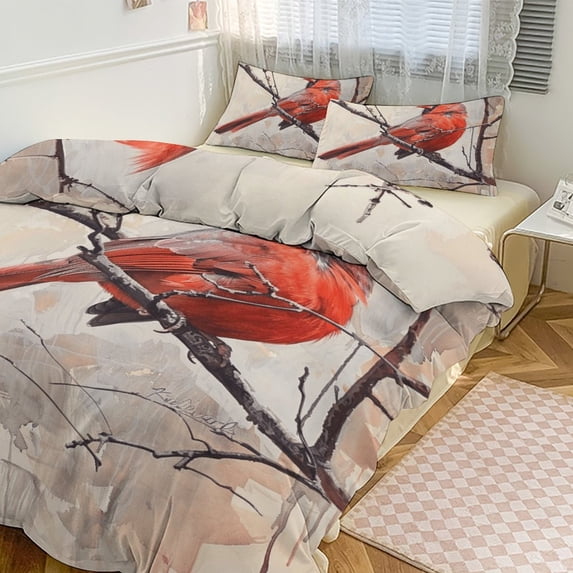 3 Pcs Soft Bedding Set, Includes 1 Duvet Cover with Zipper And 2 Pillow,Shams Red Bird Northern Cardinal Full(79"×90")