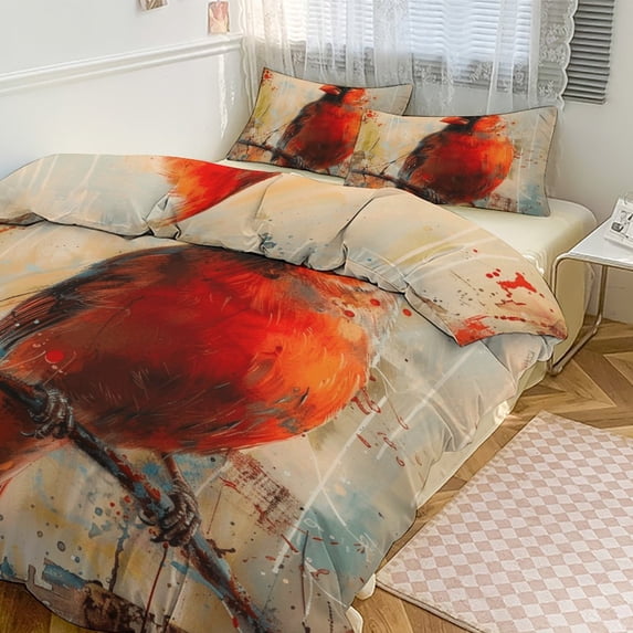 3 Pcs Soft Bedding Set, Includes 1 Duvet Cover with Zipper And 2 Pillow,Shams Red Bird Northern Cardinal King(102"×90")