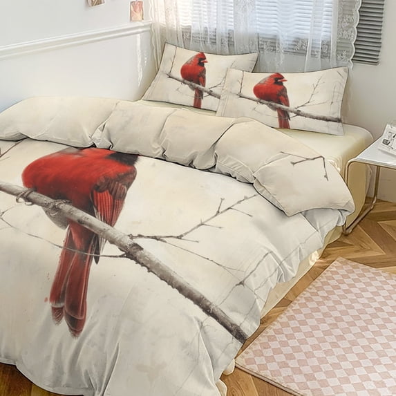 3 Pcs Soft Bedding Set, Includes 1 Duvet Cover with Zipper And 2 Pillow,Shams Red Bird Northern Cardinal Queen(90"×90")