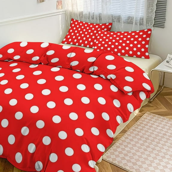 3 Pcs Soft Bedding Set, Includes 1 Duvet Cover with Zipper And 2 Pillow Shams,Red Polka Dot Background Twin(86"x70")
