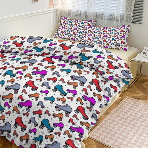 3 Pcs Soft Bedding Set, Includes 1 Duvet Cover with Zipper And 2 Pillow Shams,Roller Skates 80s Pattern King(102"×90")