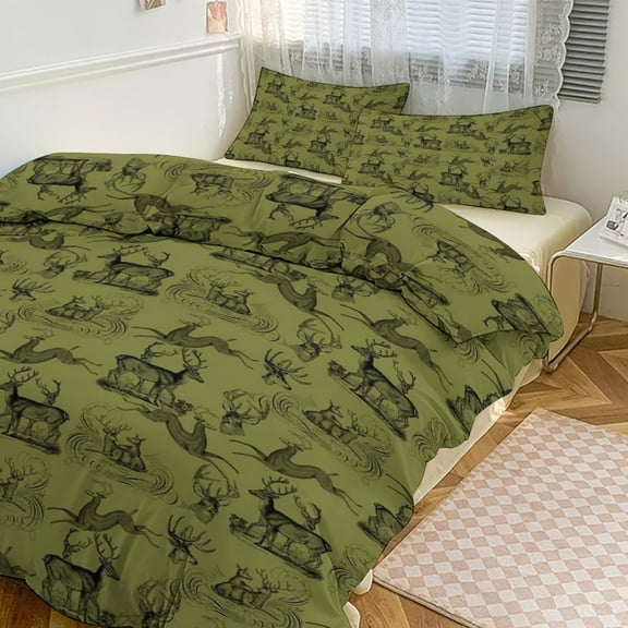3 Pcs Soft Bedding Set, Includes 1 Duvet Cover with Zipper And 2 Pillow Shams,Rustic Woodsy Vintage Deer Outdoors Nature Theme Pattern Twin(86"x70")