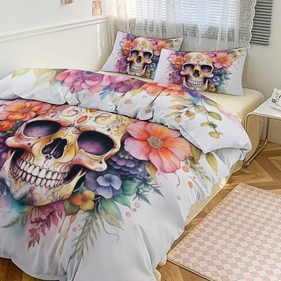 3 Pcs Soft Bedding Set, Includes 1 Duvet Cover with Zipper And 2 Pillow Shams,Skull with Leaves And Flowers Full(79"×90")