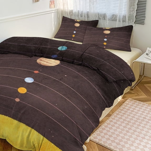 3 Pcs Soft Bedding Set, Includes 1 Duvet Cover with Zipper And 2 Pillow Shams,Solar System Retro Queen(90"×90")