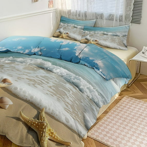 3 Pcs Soft Bedding Set, Includes 1 Duvet Cover with Zipper And 2 Pillow,Shams Starfish Beach Twin(86"x70")