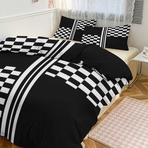 3 Pcs Soft Bedding Set, Includes 1 Duvet Cover with Zipper And 2 Pillow Shams,Stylish Black And White Check And Stripes King(102"×90")