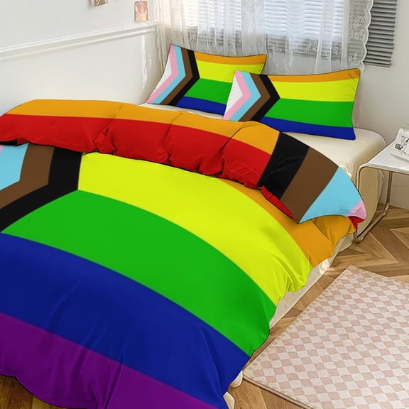 3 Pcs Soft Bedding Set, Includes 1 Duvet Cover with Zipper And 2 Pillow Shams,The Progress Pride Flag All The Colours of The Rainbow Twin(86"x70")