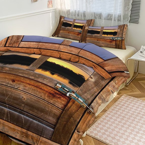 3 Pcs Soft Bedding Set, Includes 1 Duvet Cover with Zipper And 2 Pillow Shams,Timber Door with Window To Sunset And River Stock Queen(90"×90")