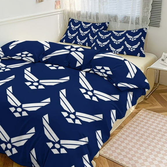 3 Pcs Soft Bedding Set, Includes 1 Duvet Cover with Zipper And 2 Pillow Shams,United States Air Force Logo, White Graphic Full(79"×90")