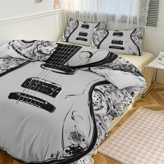 3 Pcs Soft Bedding Set, Includes 1 Duvet Cover with Zipper And 2 Pillow,Shams Vintage Guitar With Wings Full(79"×90")