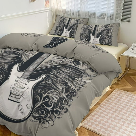 3 Pcs Soft Bedding Set, Includes 1 Duvet Cover with Zipper And 2 Pillow,Shams Vintage Guitar With Wings Full(79"×90")