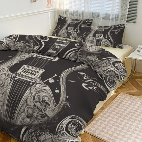 3 Pcs Soft Bedding Set, Includes 1 Duvet Cover with Zipper And 2 Pillow,Shams Vintage Guitar With Wings Twin(86"x70")