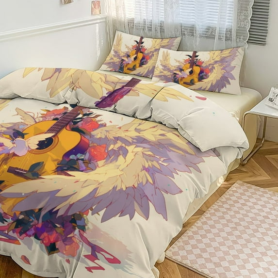3 Pcs Soft Bedding Set, Includes 1 Duvet Cover with Zipper And 2 Pillow,Shams Vintage Guitar With Wings Twin(86"x70")