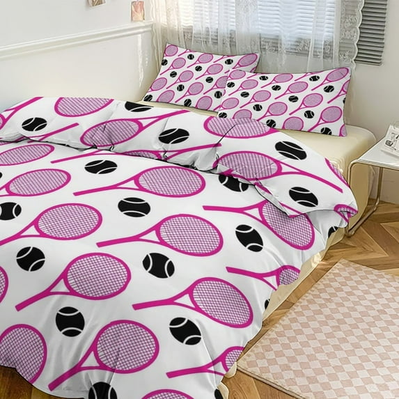 3 Pcs Soft Bedding Set, Includes 1 Duvet Cover with Zipper And 2 Pillow Shams,Vivid Pink Tennis Rackets Pattern Full(79"×90")