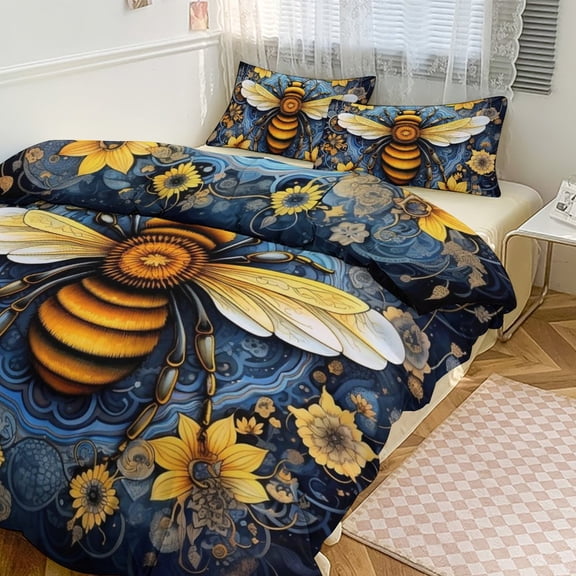 3 Pcs Soft Bedding Set, Includes 1 Duvet Cover with Zipper And 2 Pillow Shams,Watercolor Bumblebee Yellow Sunflowers Queen(90"×90")