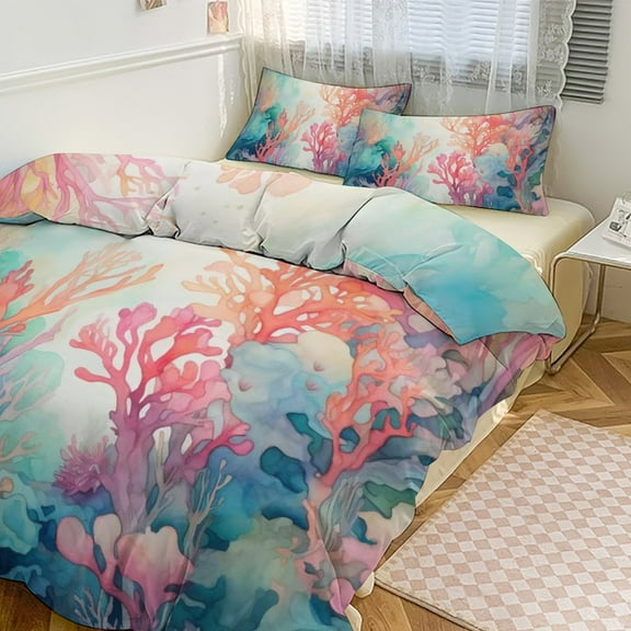 3 Pcs Soft Bedding Set, Includes 1 Duvet Cover with Zipper And 2 Pillow Shams,Watercolor Coral Reef (2) Twin(86"x70")