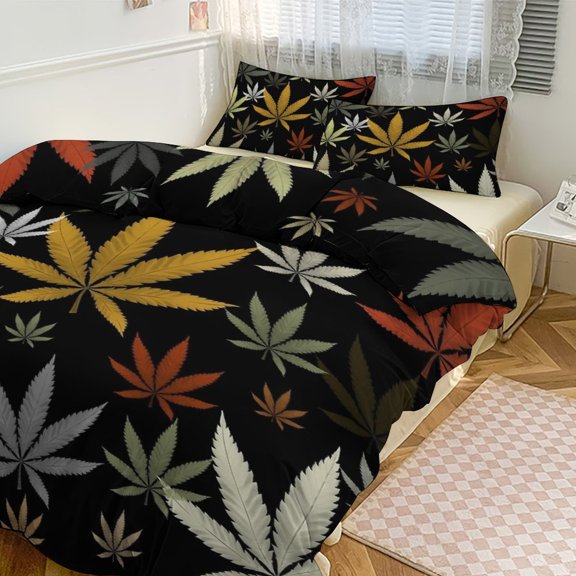3 Pcs Soft Bedding Set, Includes 1 Duvet Cover with Zipper And 2 Pillow Shams,Weed Multicolored Black Background Full(79"×90")