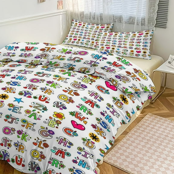 3 Pcs Soft Bedding Set, Includes 1 Duvet Cover with Zipper And 2 Pillow Shams,Whole Alphabet Abc Monogram Hand Drawn Colorful King(102"×90")