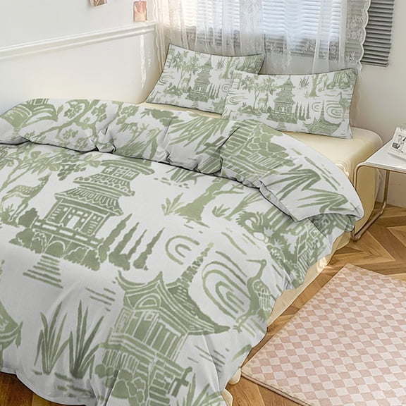3 Pcs Soft Bedding Set, Includes 1 Duvet Cover with Zipper And 2 Pillow Shams,Zen Garden Green Full(79"×90")
