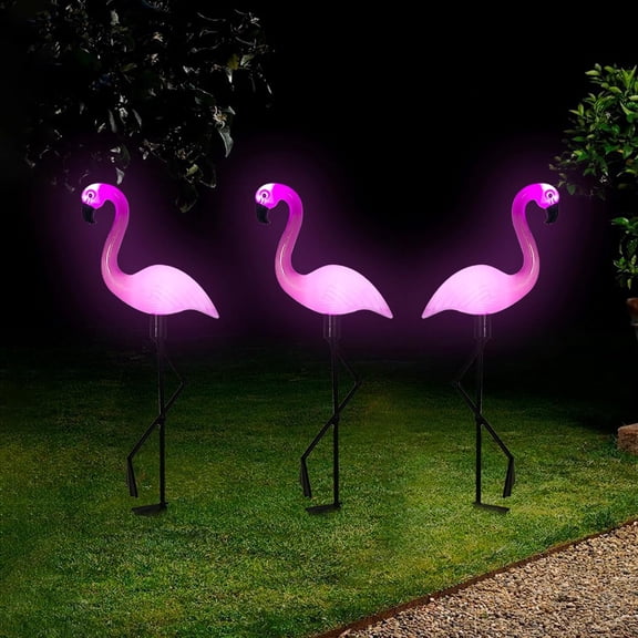 3 Pcs Solar Flamingo Lights Outdoor, Pink Flamingo Garden Stake Lights, Waterproof Yard Decor for Lawn, Patio & Walkway