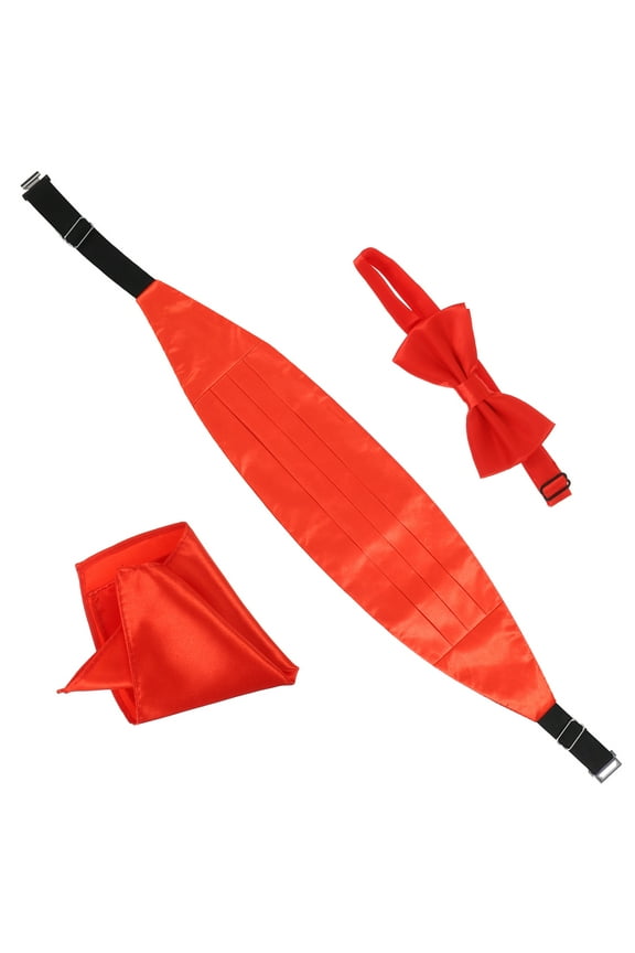 Red Cumberbund Men Satin Bow Tie Cummerbund Handkerchief Set 3Pcs