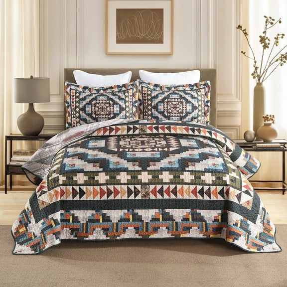 3 Pcs Southwestern Geometric Quilt Bedspread Set Oversized Bedding Multicolor Lightweight Bed Set