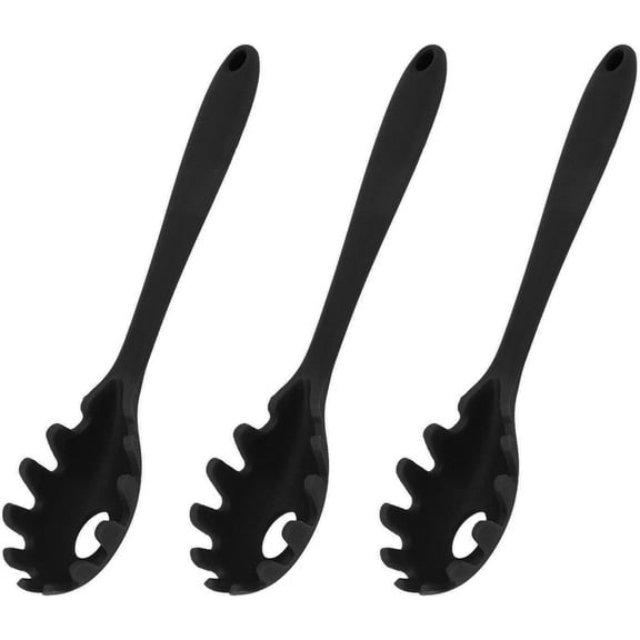 3 Pcs Spaghetti Spoon, Pasta Spoon with Teeth, Silicone Pasta Fork (11.2"), Food Grade Pasta Server, Spaghetti Strainer & Noodle Spoon Ideal for Cooking(Black)
