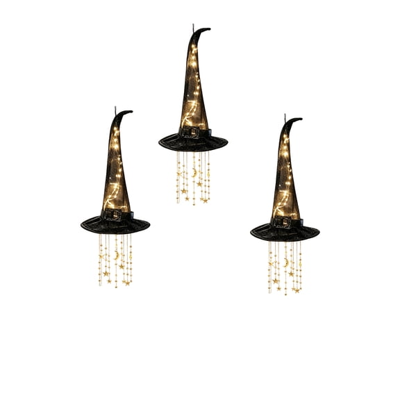 3 Pcs Witch Hat Hanging Chime with Star Tassel - Lighted Witch Hat Decor, LED Glowing Halloween Witch Hats - Hanging Witch Hats for Tree, Yard, Patio, Indoor & Outdoor Home Decor