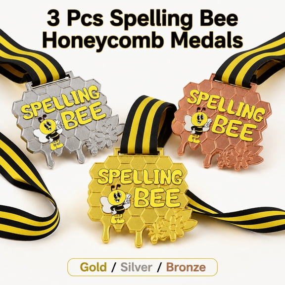 3 Pcs Spelling Bee Honeycomb Medals with Neck Ribbons, Gold Silver Bronze Awards Represents 1st 2nd 3rd Place, Durable Zinc Alloy Medals for Competition Events Party Decorations and Club Activities
