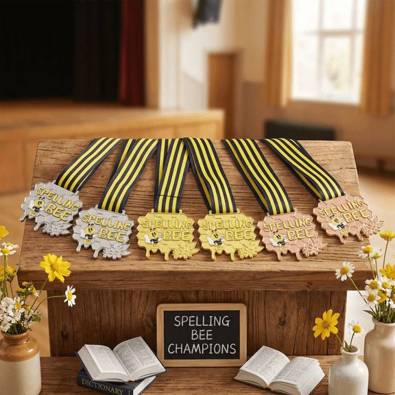 3 Pcs Spelling Bee Honeycomb Medals with Neck Ribbons, Gold Silver Bronze Awards Represents 1st 2nd 3rd Place, Durable Zinc Alloy Medals for Competition Events Party Decorations and Club Activities