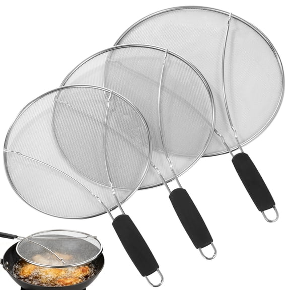 3 Pcs Splatter Screen Set, Fine Mesh Grease Guard for Frying Pan, Includes 9.8" 11.4" 13" Stainless Steel Splash Protector, Cooling Rack, Filtering Net