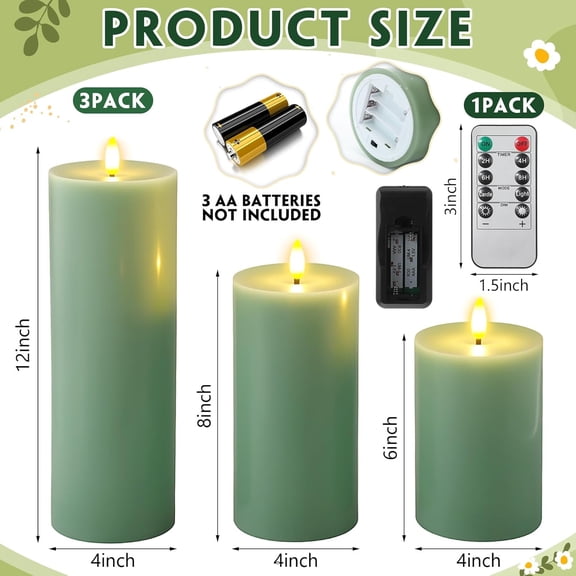 3 Pcs Spring Easter Sage Green Large Flameless LED Battery Operated Candles with Remote Pillar Flameless Flickering Candles for Indoor Outdoor Party Wedding Light Decor(6''/8''/12''x4'')