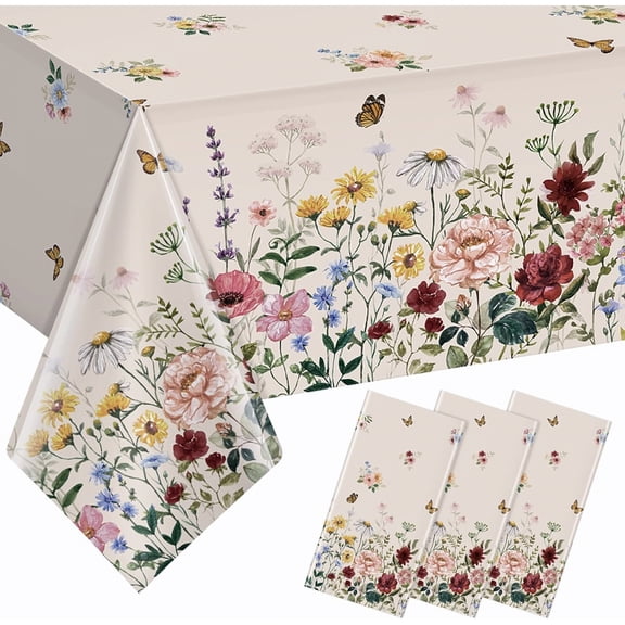 3 Pcs Spring Floral Tablecloth Set in Butterfly Wildflower Design 54 x 108 Inch