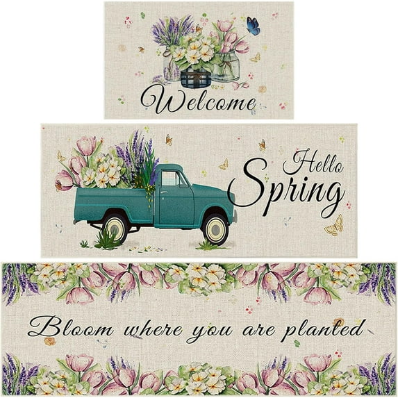 3 Pcs Spring Kitchen Rug Sets Lavender Tulip Vase Hello Spring Seasonal Flower Summer Home Decor Floor Mat for Home Indoor Outdoor Living Room Bedroom Spring Holiday Decor