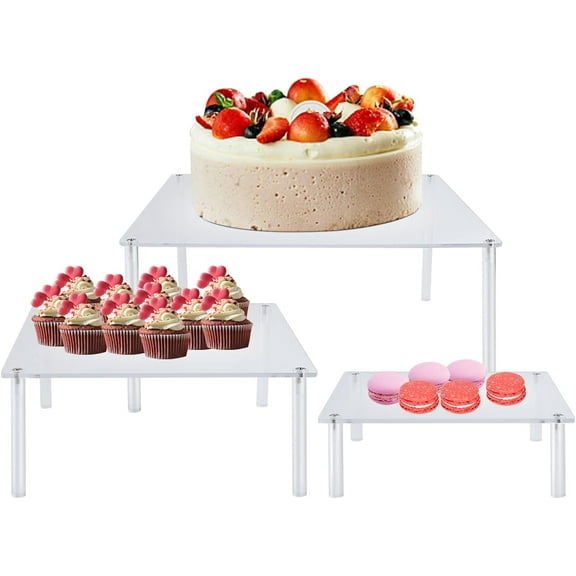 3 Pcs Square Acrylic Cake Stands, Reusable Round Cupcake Holder for Dessert Cake Pizza, Display Stand Party Serving Platter for Christmas Wedding Birthday Baby Shower Tea Party